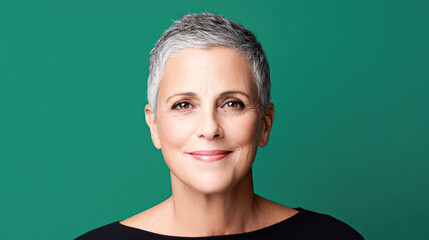 A confident, smiling woman with short gray hair poses against a vibrant green background, exuding positivity and approachability.
