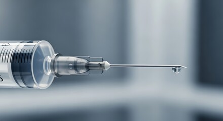 A close-up, macro shot of a medical syringe with a single drop of liquid poised at the tip of the needle.