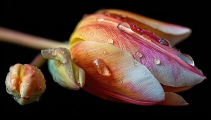 Close-up of a vibrant tulip with water droplets.  A single,  open tulip with a mix of orange, pink, and white petals, glistening with water droplets. 