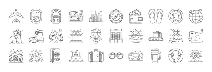 Travel and vacation outline icons set - Collection of black and white line icons showing travel, tourism, camping, transport, luggage, adventure, food, and leisure activities.
