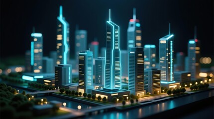 Futuristic city model, glowing, detailed