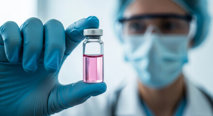 Trust the science as a masked doctor holds a pink vaccine vial ready to protect public health