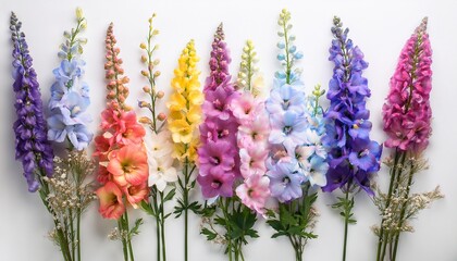 assorted colorful delphinium flowers in full bloom against white background