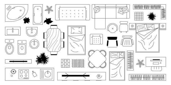 A set of black and white outlines of modern furniture pieces, ideal for interior design projects. Furniture outline top view. CAD drawings