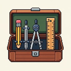 Pixel art illustration of a brown leather case containing a pencil, compass, and ruler.