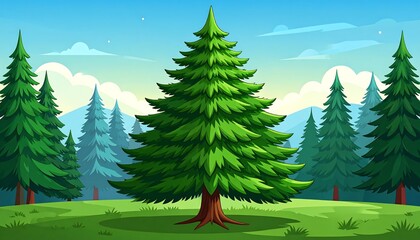 A vibrant illustration showcases a majestic evergreen tree amidst a tranquil forest landscape.