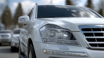 Fototapeta premium Numerous cars, including a prominent white SUV, are caught in heavy traffic on a bustling city street filled with greenery