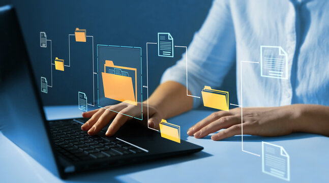 Online documentation database and document management system concept. Businesswoman working on laptop with virtual screen. Process automation to efficiently manage files.