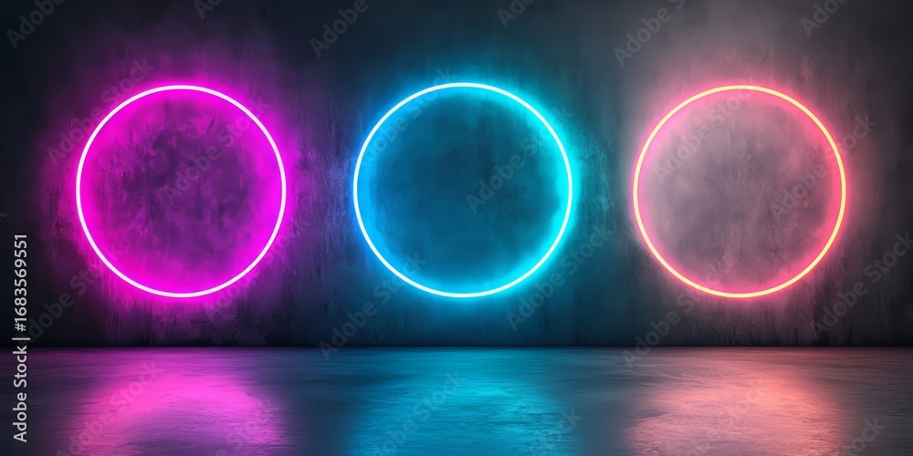 Canvas Prints three neon colored circles are lit up in a room. the circles are different colors, with one being pi