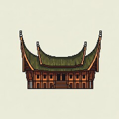 Pixelated illustration of a traditional Indonesian house with distinctive curved roof, showcasing architecture.