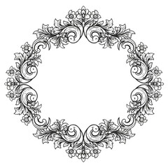 Delicate 2D flat lineart forms an elegant vintage floral frame, gracefully encircling a central space and isolated on a pristine white background, ideal for romantic celebrations.