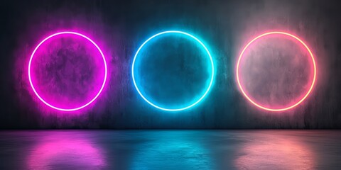 Three neon colored circles are lit up in a room. The circles are different colors, with one being pink, one being blue, and one being purple. The room is dark and the circles are glowing brightly