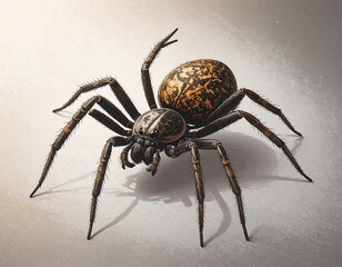 Detailed illustration of a large spider with intricate patterns and long legs on a light gray surface.