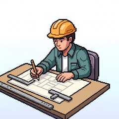 A construction worker meticulously sketching blueprints with tools on a drafting table, focused on the project.