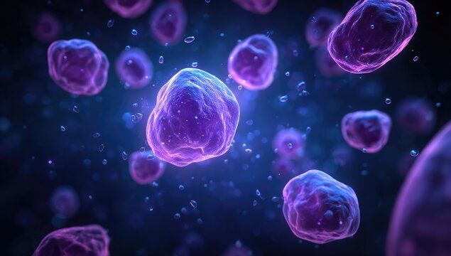 Abstract view of many purple-blue spheres,  glowing with inner light,  floating in a dark space.  Small particles scattered around