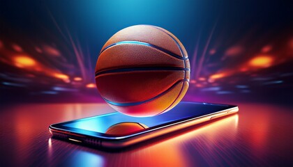 a basketball floating above a smartphone symbolizing sports technology and digital interaction