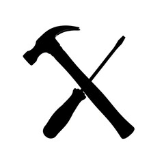 Black silhouette of a hammer and screwdriver crossed, representing construction and repair.