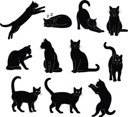 Silhouettes of black cats in various playful, sitting, stretching, and sleeping poses, perfect for pet and animal design projects.