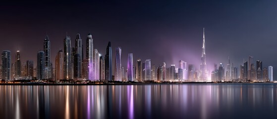 Twinkling lights reflect off calm waters as skyscrapers dominate the skyline, creating a vibrant atmosphere during twilight hours