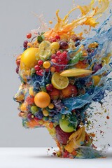 Fruit-filled head portrait, vibrant splashes (1)