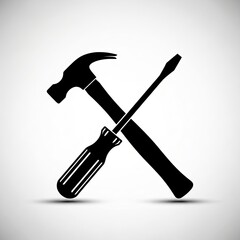 Black silhouette of a hammer and a screwdriver crossed, representing tools or construction.