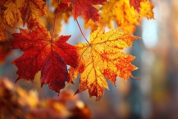 Fototapeta premium Vibrant autumn leaves displaying rich colors in a tranquil woodland setting during golden hour