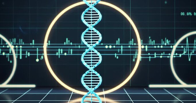 Initiating digital signal causing blue DNA double helix rotating in grid lab, ring pulsing - Powered by Adobe