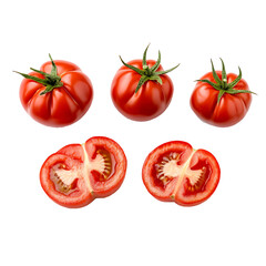 Fototapeta premium Two tomato slices, vibrant red, smooth skin, showing seeds isolated on transparent background (PNG)