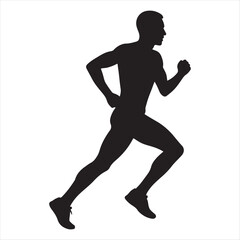Dynamic black silhouette of an athletic man running or jogging, isolated vector illustration for fitness, sports, and health concepts