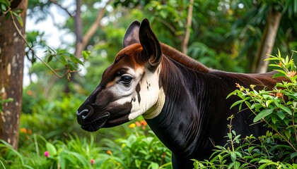 A close-up of an okapi, showcasing its striking brown and white patterned coat, in a lush green forest environment.