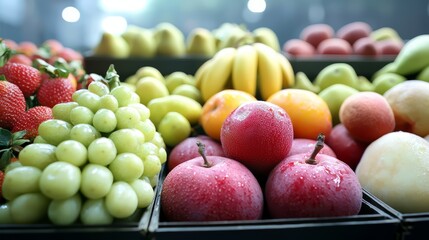 Variety of fruits are displayed in a market, including apples, bananas, and strawberries. The apples are red and shiny, while the bananas are yellow and ripe. The strawberries are small and red
