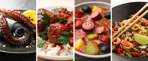 Collection of different dishes with savory taste, collage