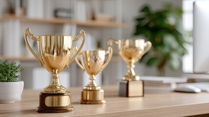 Shiny trophies rest on a polished wooden table, reflecting light, surrounded by greenery and hints of a contemporary interior design