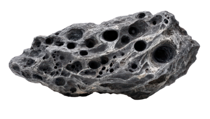 A dark gray rock with numerous holes