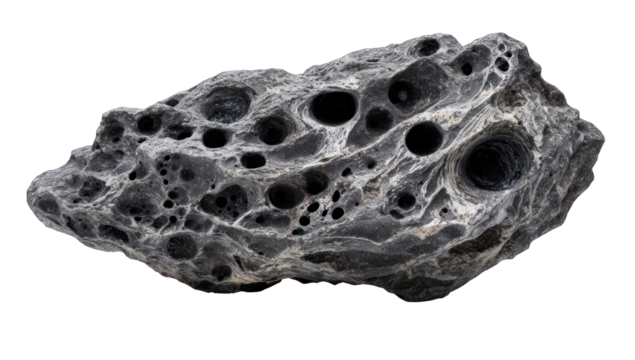 A dark gray rock with numerous holes