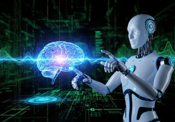 Robot interacting with a glowing digital brain interface