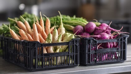 Fresh vegetables in plastic crates