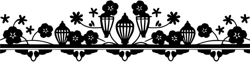 Elegant black floral border design with lanterns and decorative elements perfect for invitations and branding