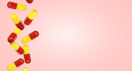 Pills falling against pink gradient background. Banner design with space for text