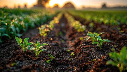 Young plants sprout in neat rows, bathed in sunrise light