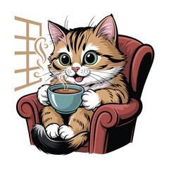 Adorable kitten enjoys a warm cup of coffee while relaxing in a cozy armchair