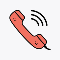 Retro Coral Telephone Handset with Black Outline and Signal Waves.