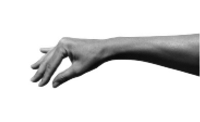 Outstretched human hand with bent fingers pointing down. Black and white isolated gesture on transparent background. Vector halftone collage element for direction, grabbing, body language, design.