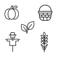 Harvest Line Icons Pack: Autumn Pumpkin Wheat Basket Scarecrow Vector