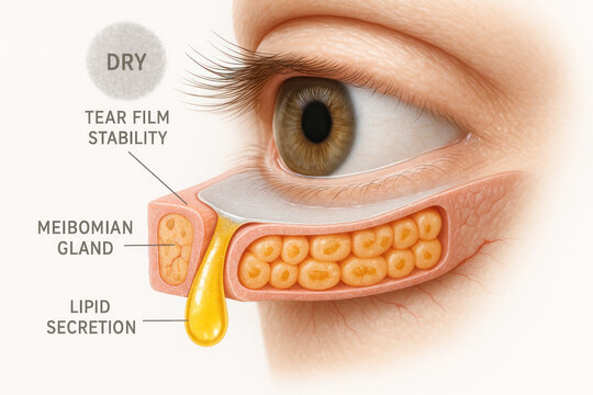 Anatomy of Human Eye, Meibomian Gland and Lipid Secretion, Illustration