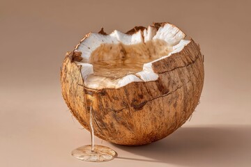 Refreshing cracked coconut with natural water spilling out, highlighting tropical hydration and fresh, wholesome liquid for health
