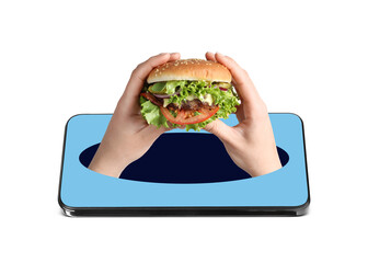 Food ordering and delivery service. Woman's hands with burger, sticking out of mobile phone display against white background, closeup