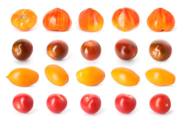 Different types of ripe tomatoes isolated on white, collage