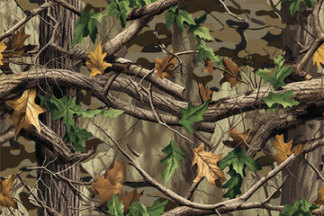 Realistic forest camouflage. Seamless pattern. Vector camouflage pattern. Deer hunting background. Conifer tree, branches and leaves. Useable for hunting and military purposes