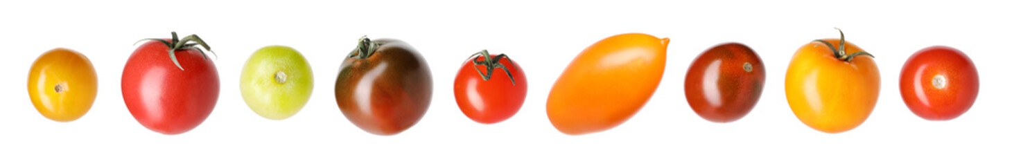 Different types of ripe tomatoes isolated on white, set